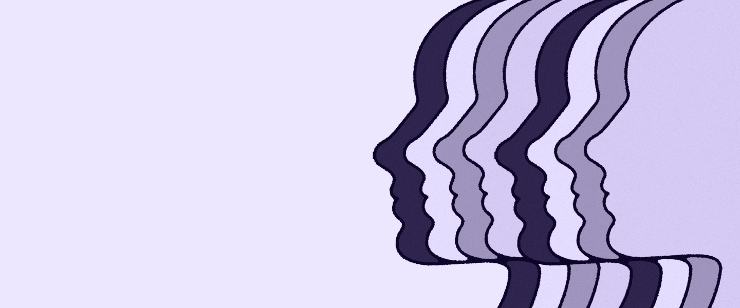 Simple illustrated image with 8 heads facing to the left