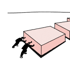 Dark figures pushing a pink arrow on clear background