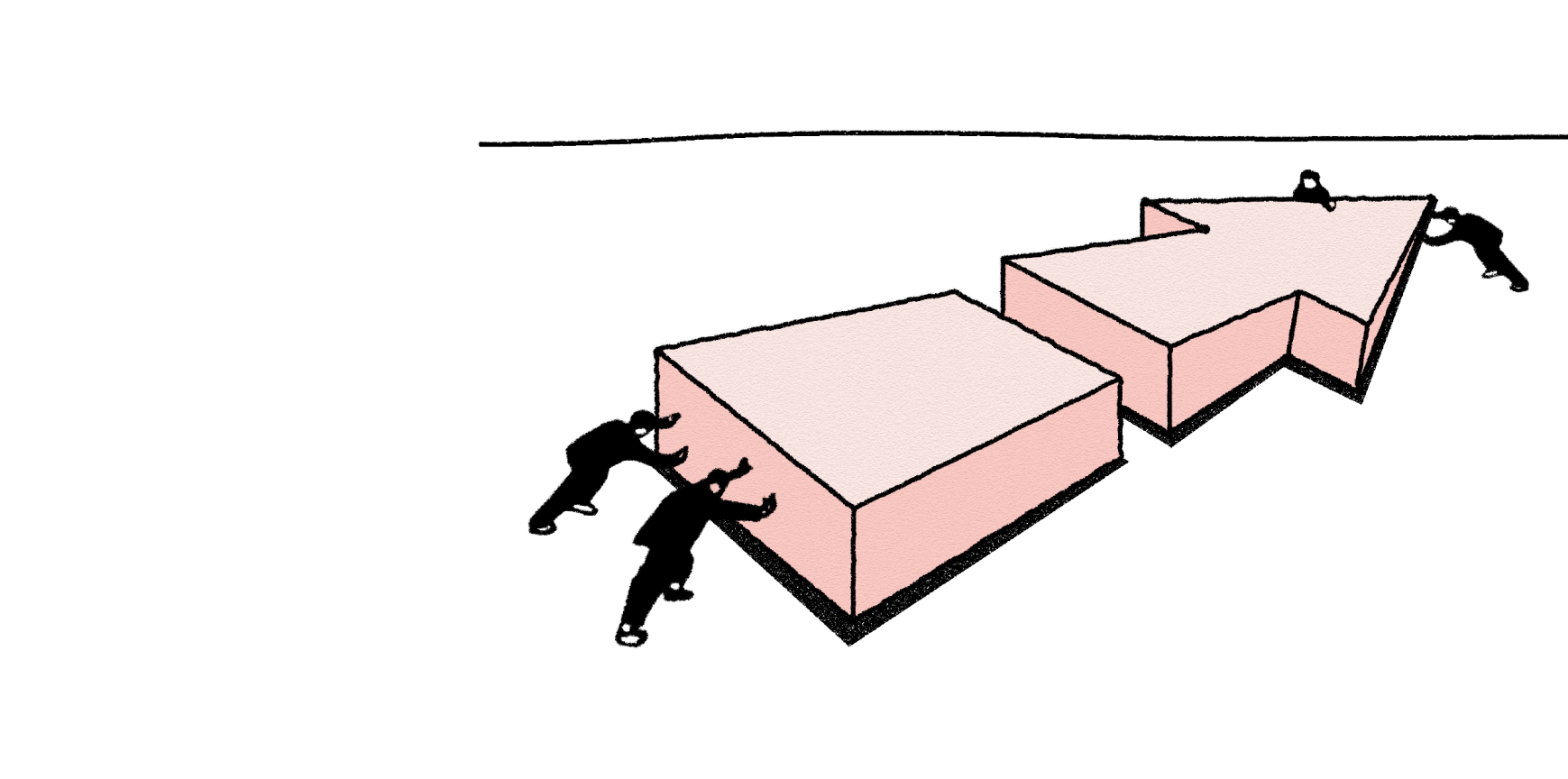 Dark figures pushing a pink arrow on clear background
