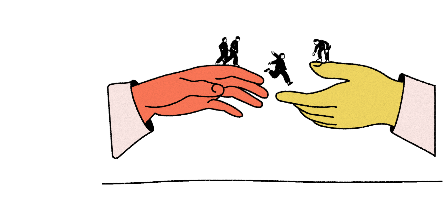 four figures jumping from one hand to another