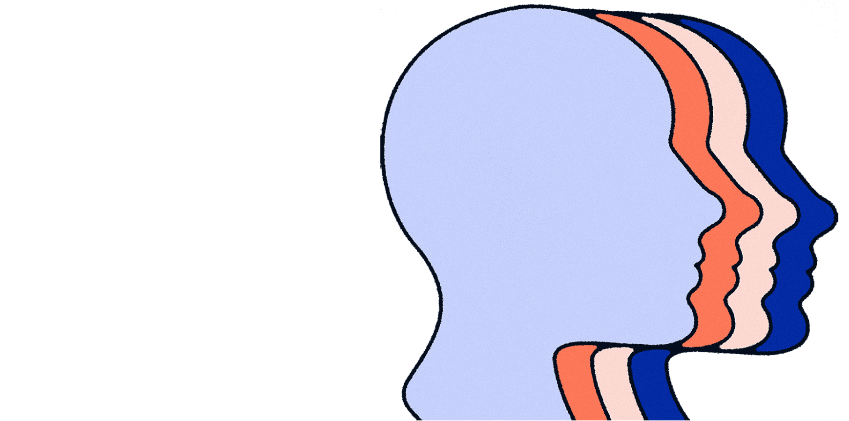 Multicoloured image of overlapping heads in profile