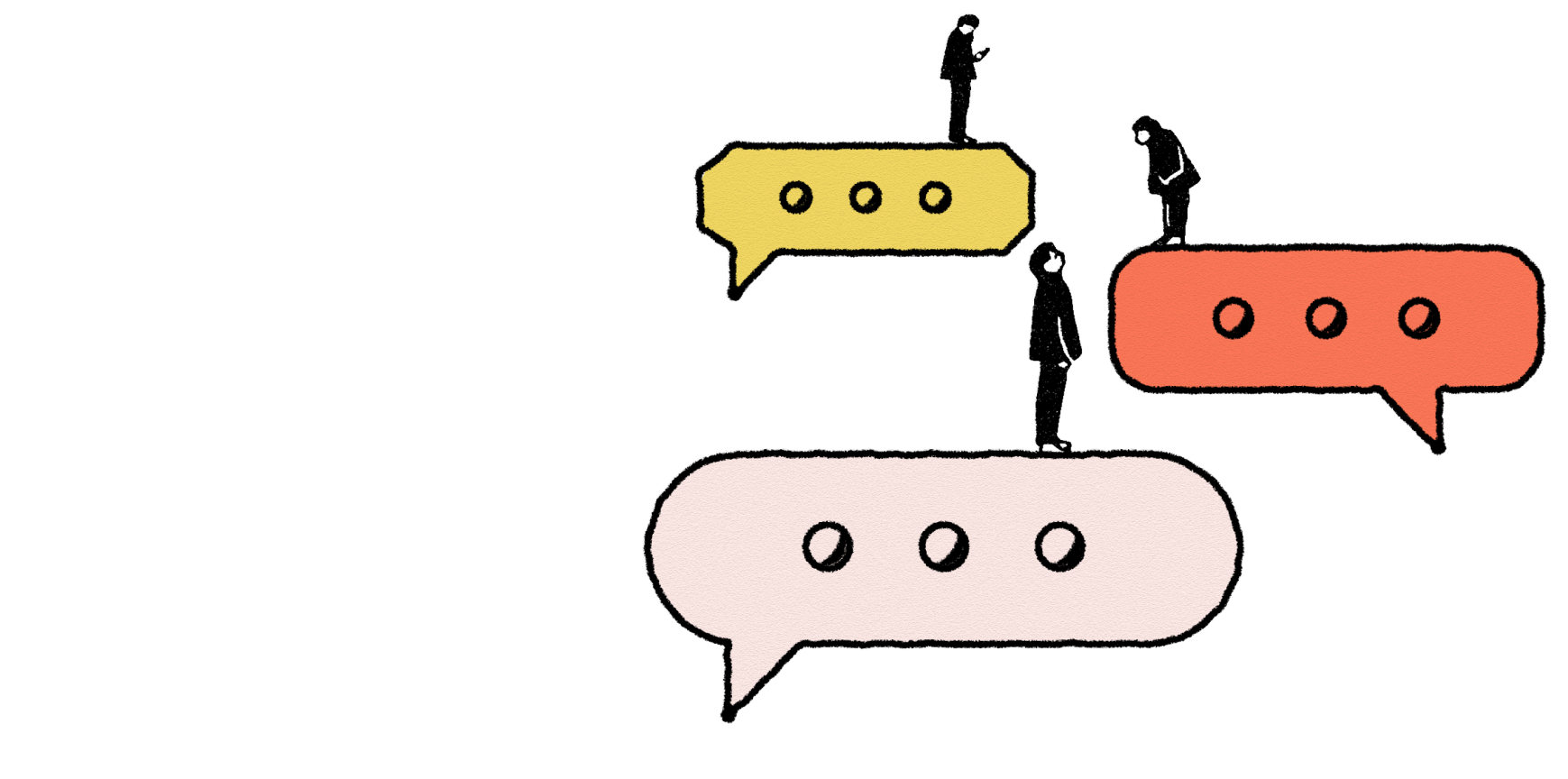 black and white figures standing on yellow, orange and beige speech bubbles