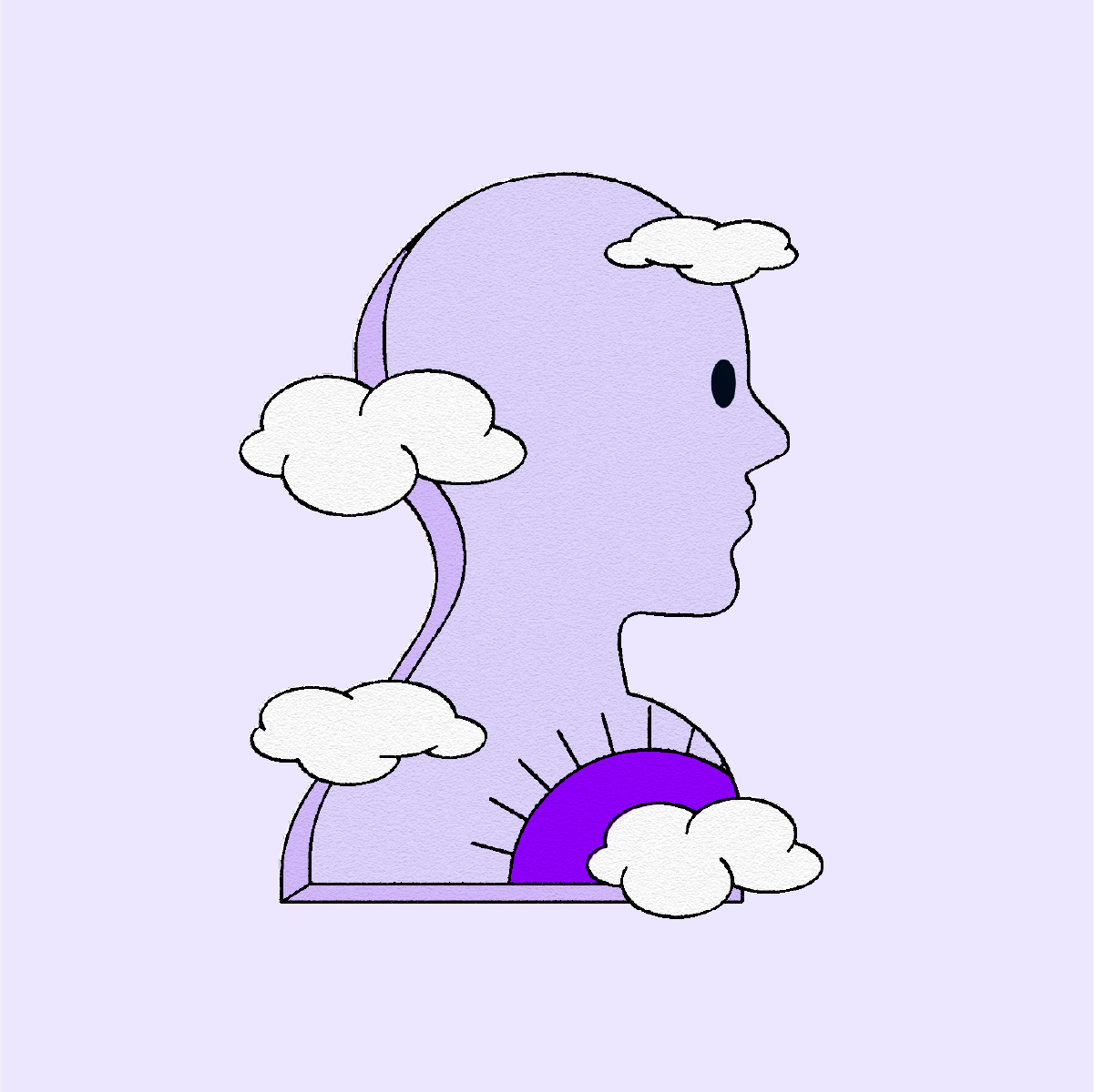 window shaped like a persons head and torso with sun and clouds