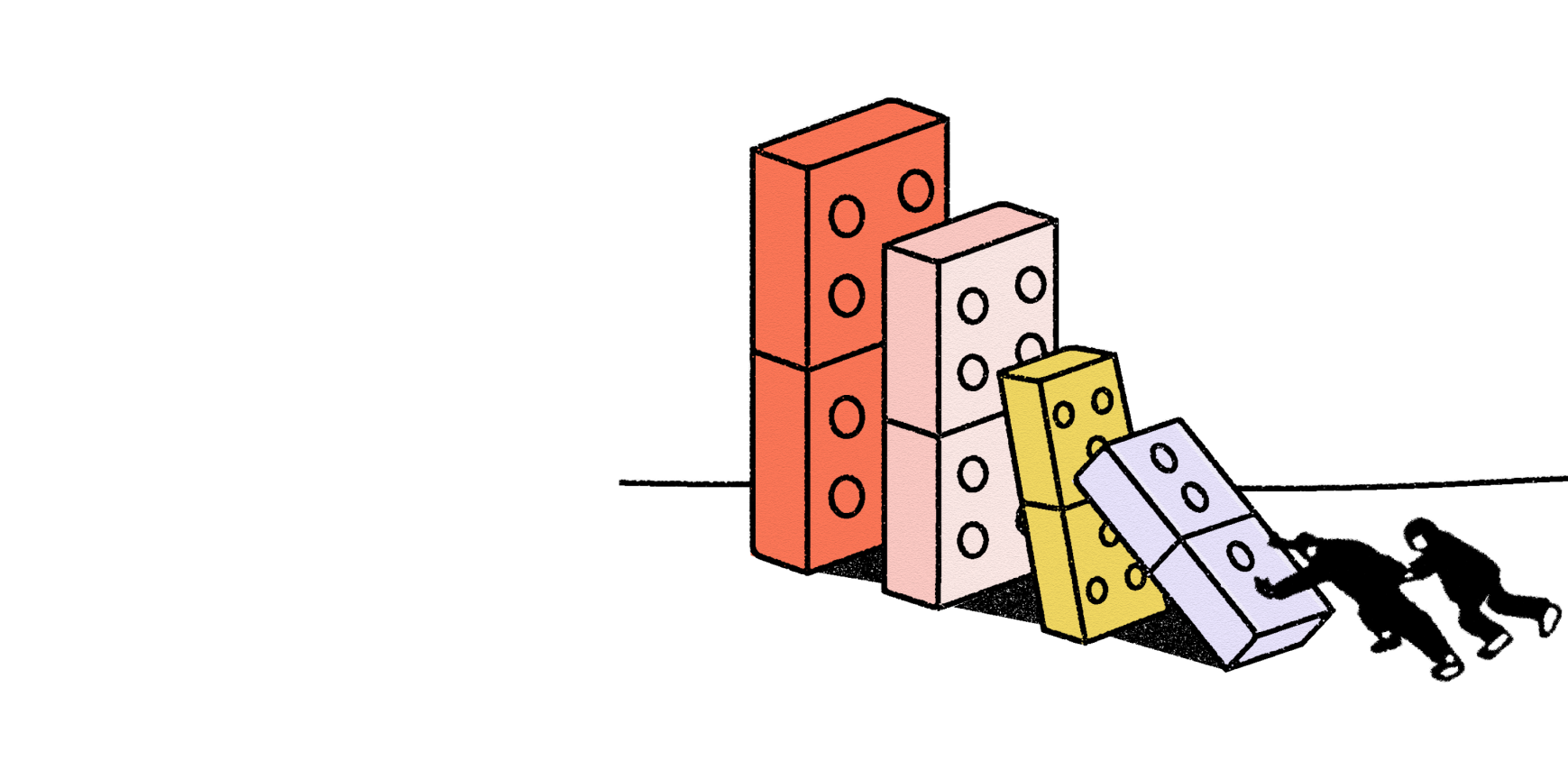 small figures pushing over colourful dominoes